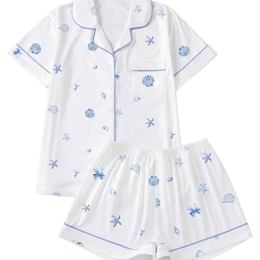 Shell Print Button Down Pajama Set Cute Lounge Sl… - image 1